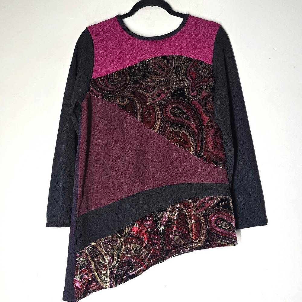 Koos of Course‎ Mixed Media Artsy Tunic Top Asymmetrical Size M Velvet Paisley